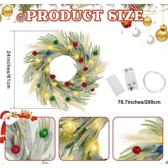 24" Lighted Norfolk Pine  Christmas Wreath with Pampas Pre Lit Multicolor - Picture 4 of 6
